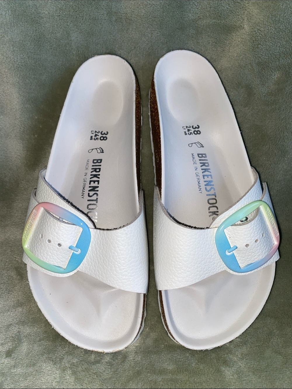 Birkenstock Madrid White Slides with Big Rainbow Pastel Buckles 38 medium/wide
